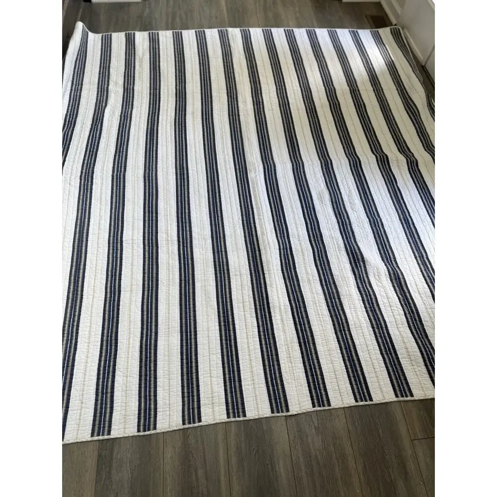 Cotton Striped Coastal Quilt 84”x85” Reversible Blue Beige Full Queen Cottage